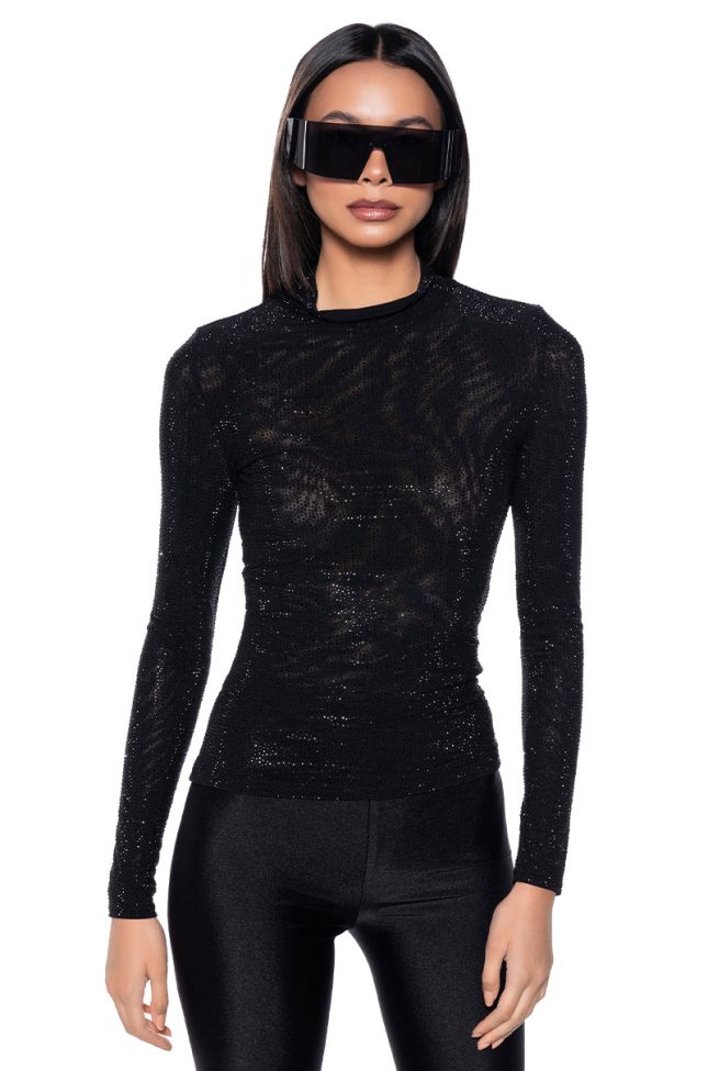 Front View Clarissa Embellished Long Sleeve Mesh Top In Black
