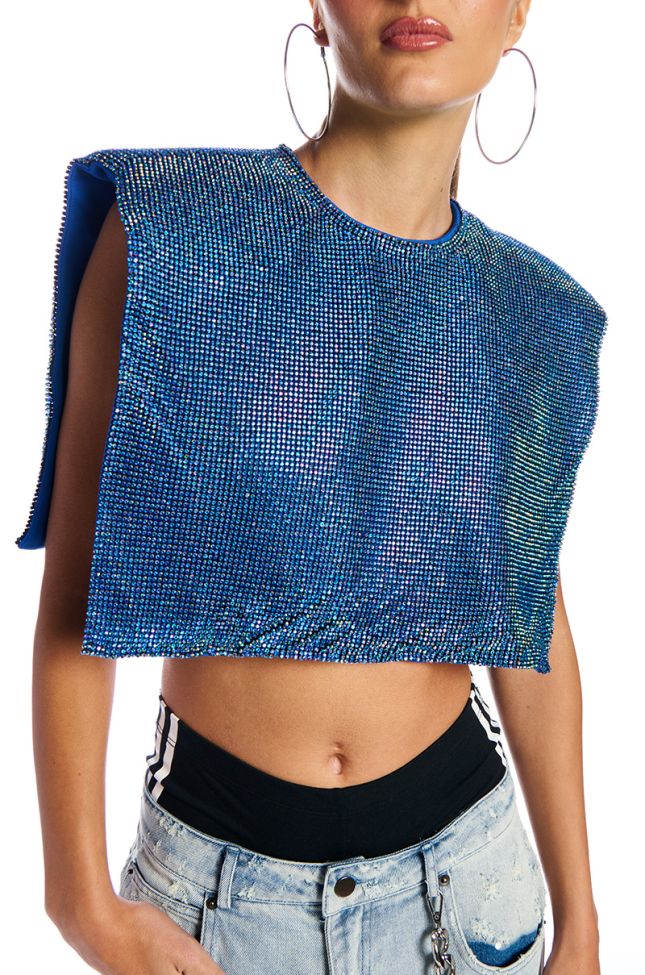 Front View Disco Babe Sleeveless Rhinestone Crop Top In Blue