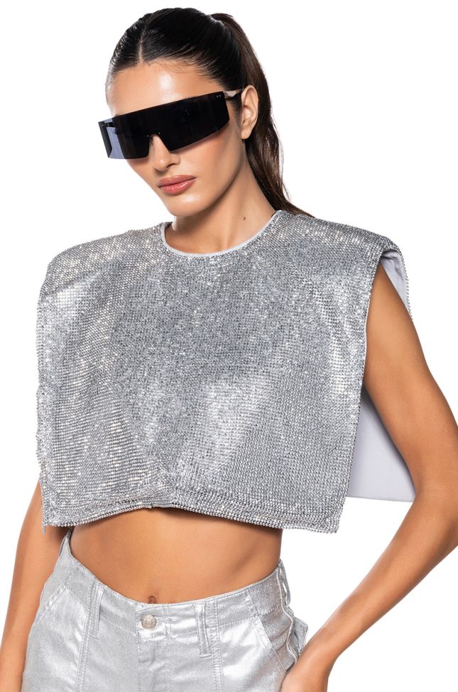 Front View Disco Babe Sleeveless Rhinestone Crop Top In White