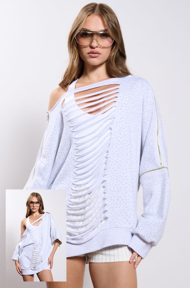 Front View Distressed Off The Shoulder Rhinestone Embellished Sweatshirt