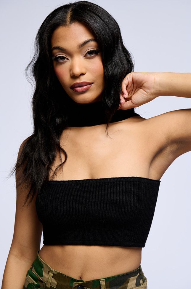 Front View Dolled Up Knit Bandeau Halter Top In Black