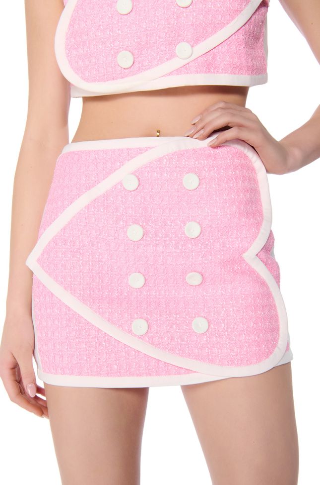 Side View Double Heart Pink Tweed Mini Skirt