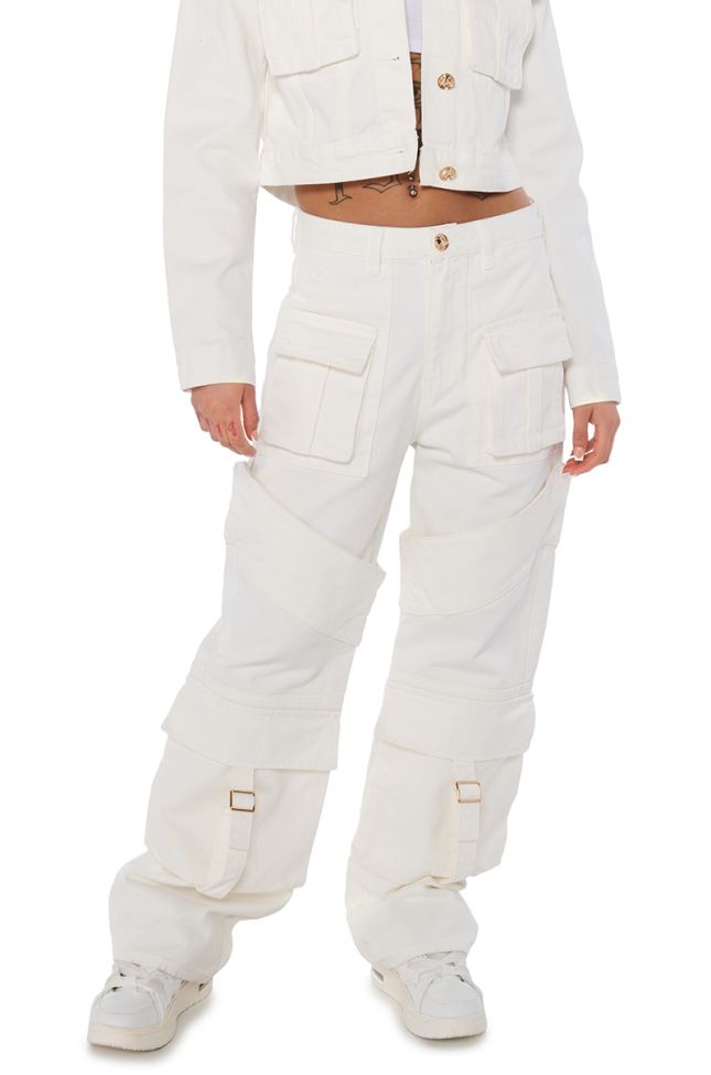 Front View Elevated White Wash Denim Utility Pants