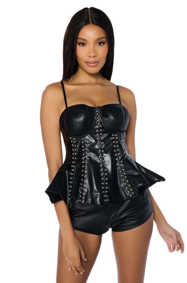 Sexy Deep V-Neck Black Leather Corset Crop Top For Sale
