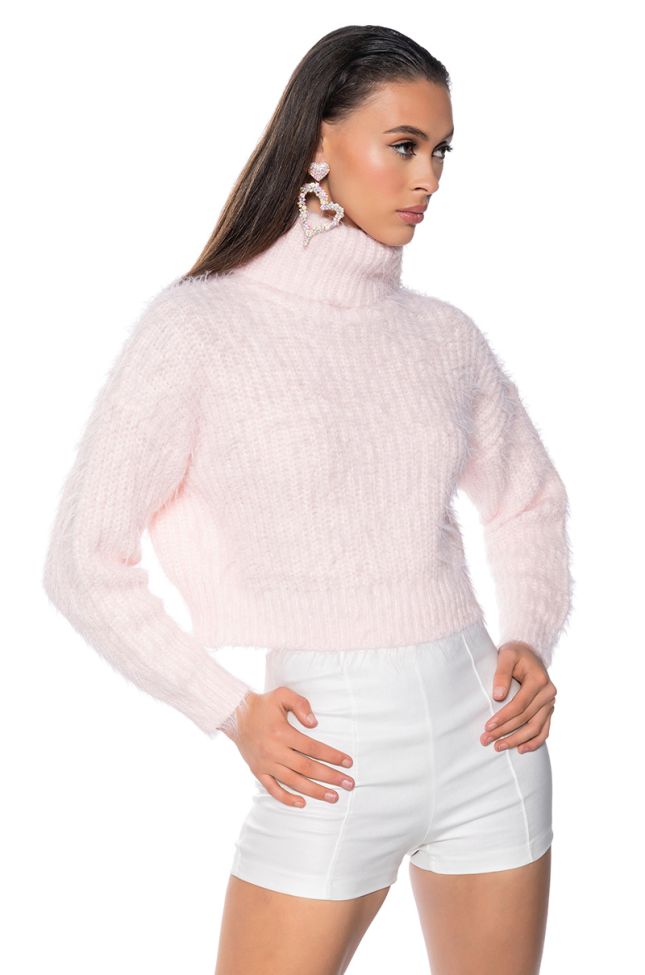Front View Feeling Free Fuzzy Crop Turtleneck Sweater In Light Pink