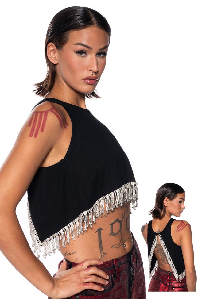 Front View Fever Dream Rhinestone Fringe Open Back Tank Top