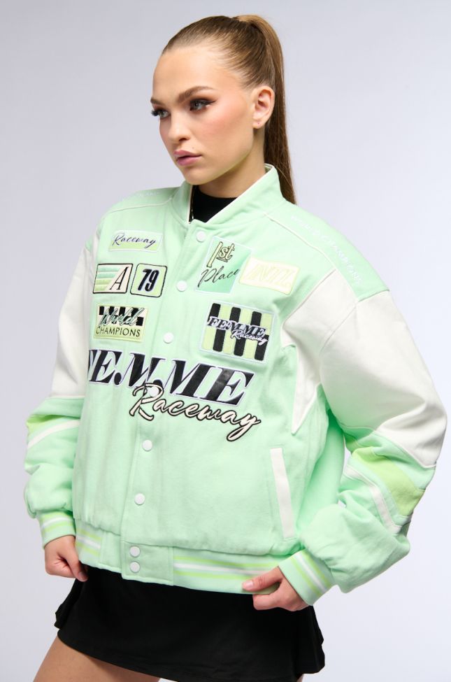 Side View First Things First Embroidered Bomber