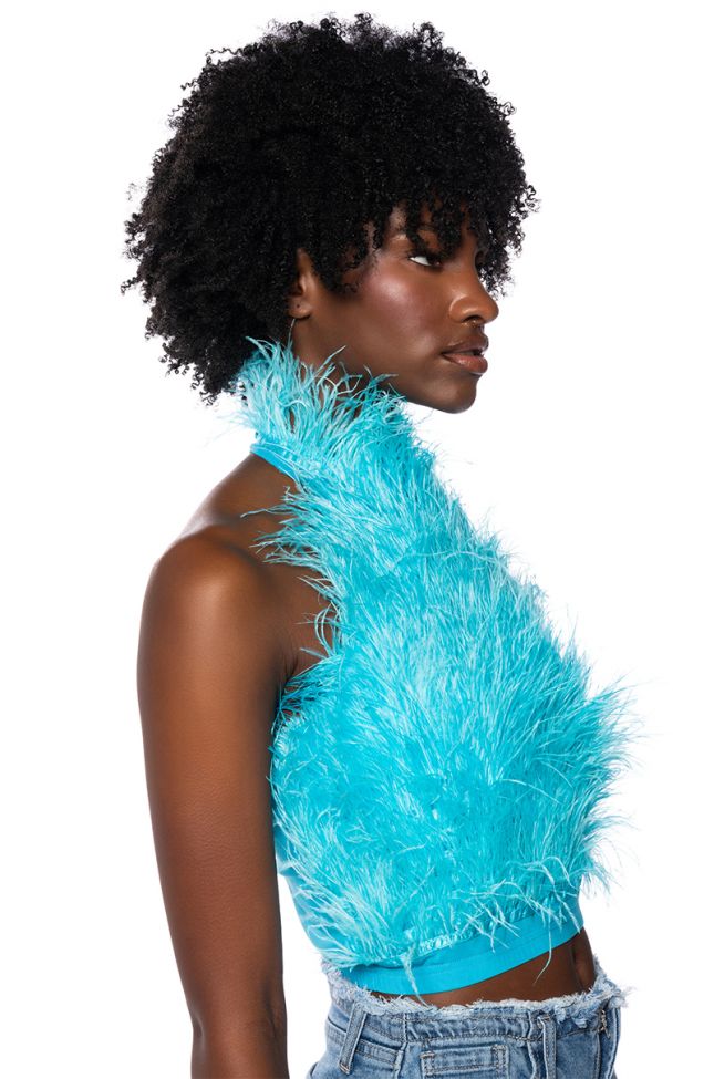 Side View Genuine Ostrich Feather Sleeveless Cropped Halter Blouse In Blue
