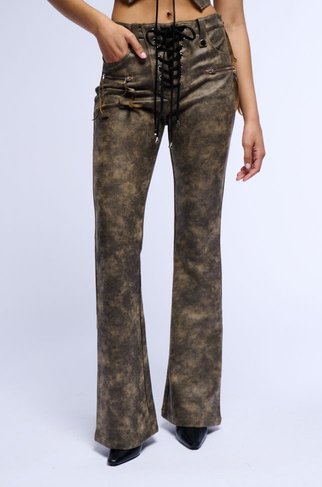 Front View Georgia Lace Up Flared Faux Leather Look Pant