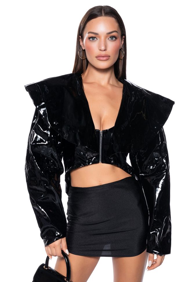 Back View Glossy Gal Faux Patent Leather Crop Moto