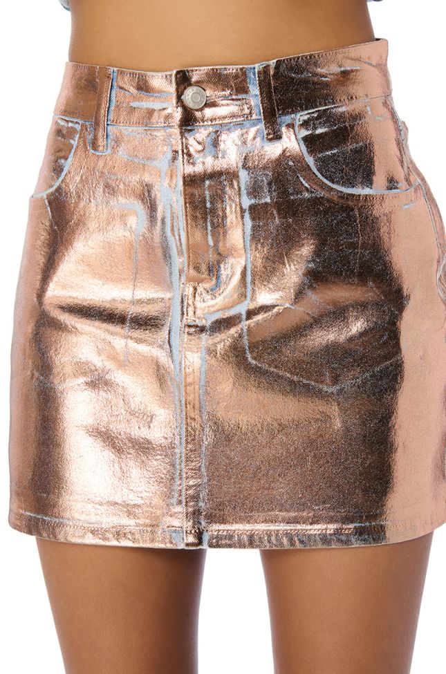 Side View Golden Hour Foil Effect Denim Skirt