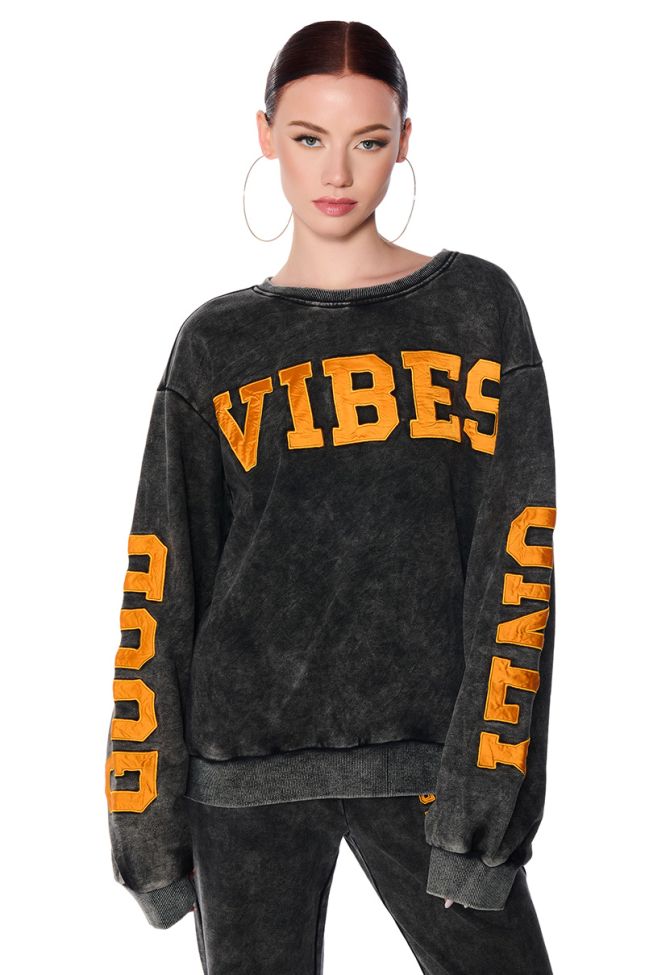 Front View Good Vibes Only Club Mineral Wash Sweatshirt