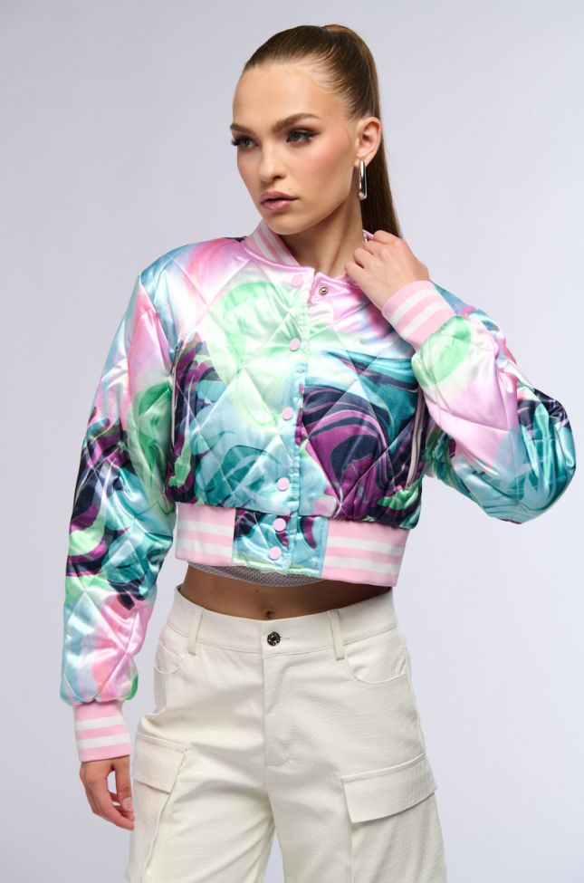 Front View Heart To Heart Satin Bomber
