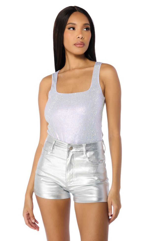 Front View Heated Rhinestone Mesh Bodysuit In Silver