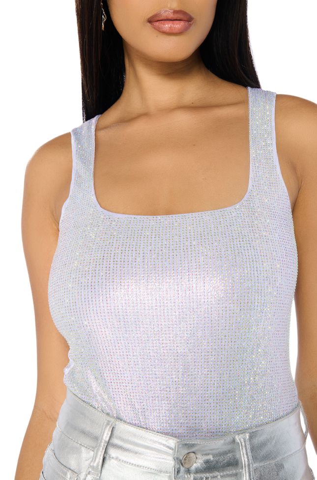 Front View Heated Rhinestone Mesh Bodysuit In Silver