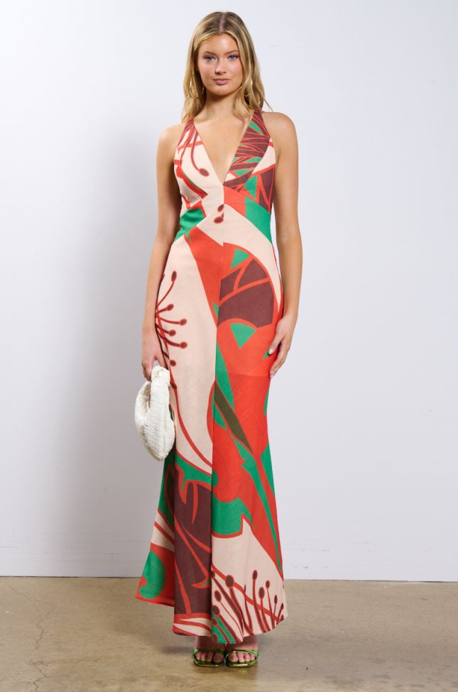 Front View Hibiscus Honey Printed Maxi Dress