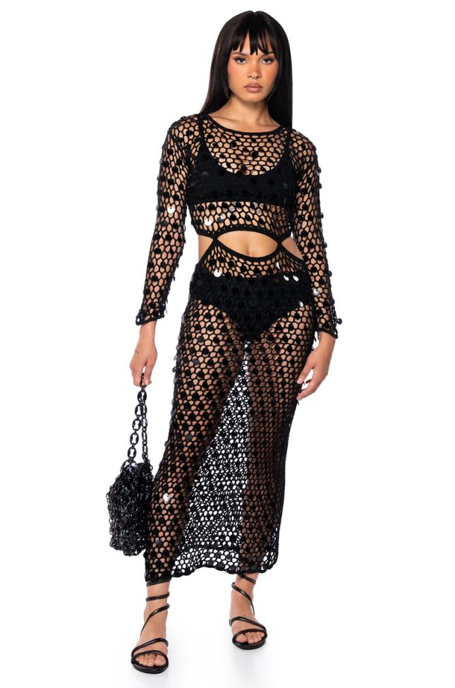 Front View Hint Of Sparkle Crochet Maxi Dress In Black