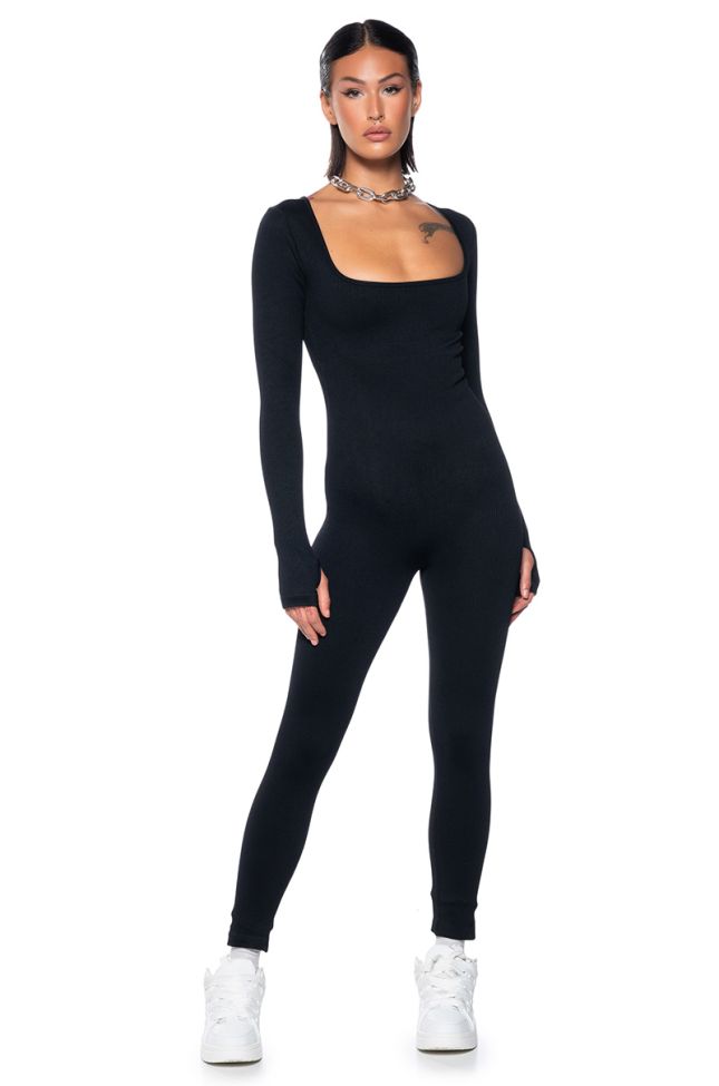 Front View Hot Girl Walk Long Sleeve Catsuit In Black