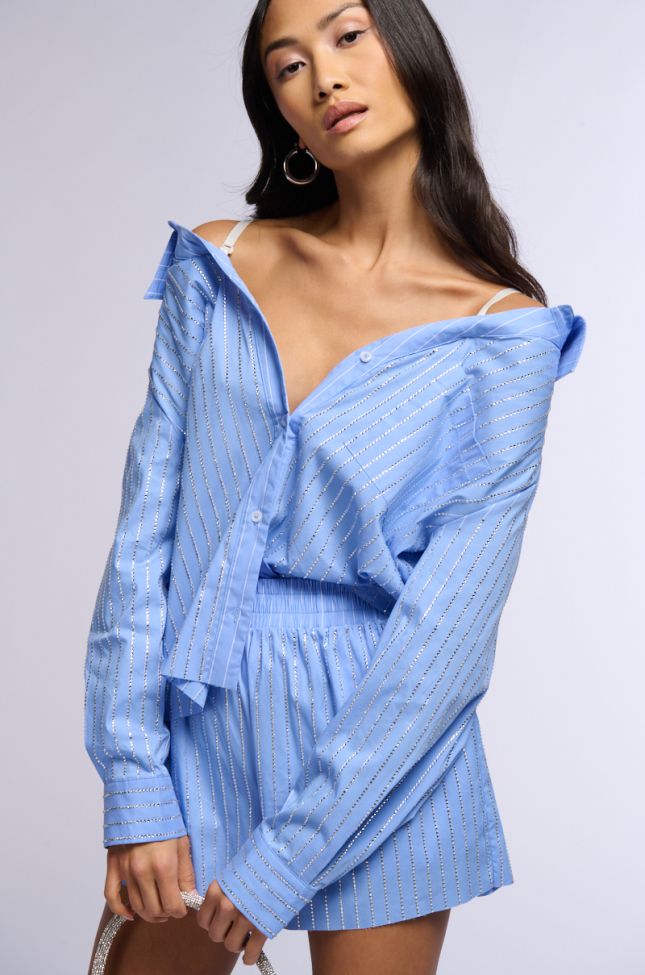 Extra View Iced Out Rhinestone Stripe Off The Shoulder Poplin Blouse