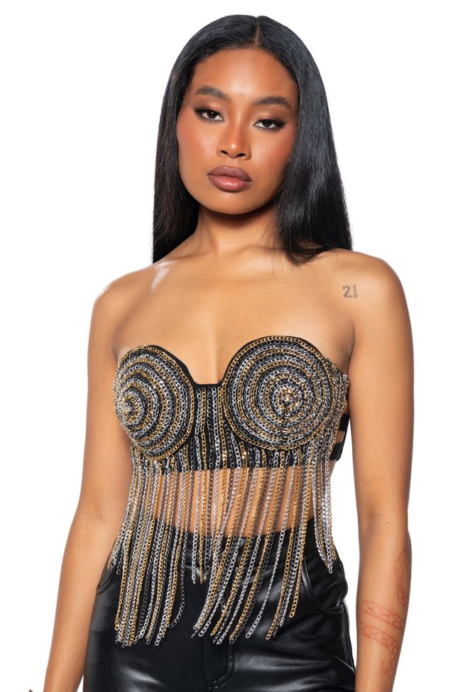 Front View Icons Only Metallic Fringe Strapless Bustier Top
