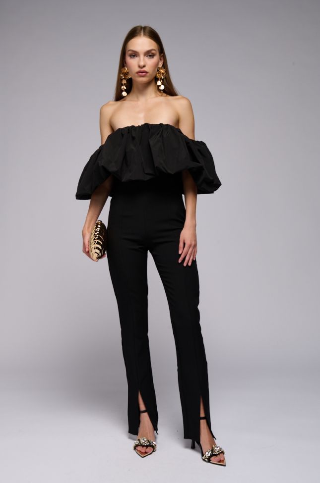 Front View Im Speaking Off The Shoulder Jumpsuit In Black
