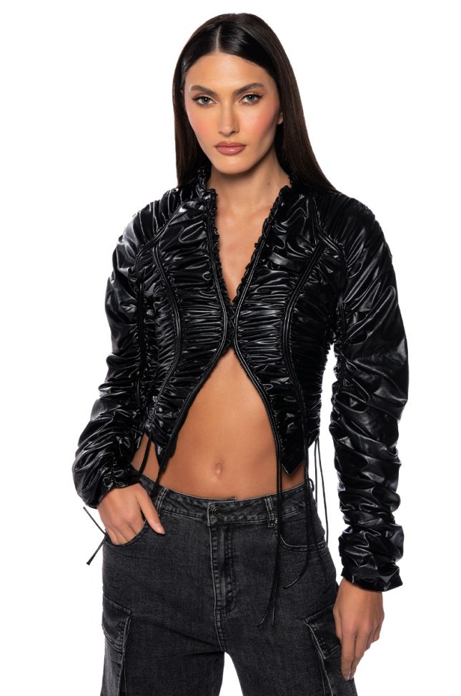 Front View Into The Matrix Faux Leather Ruched Blouse