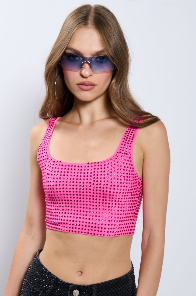 Front View It Girl Energy Rhinestone Embellished Cropped Tank