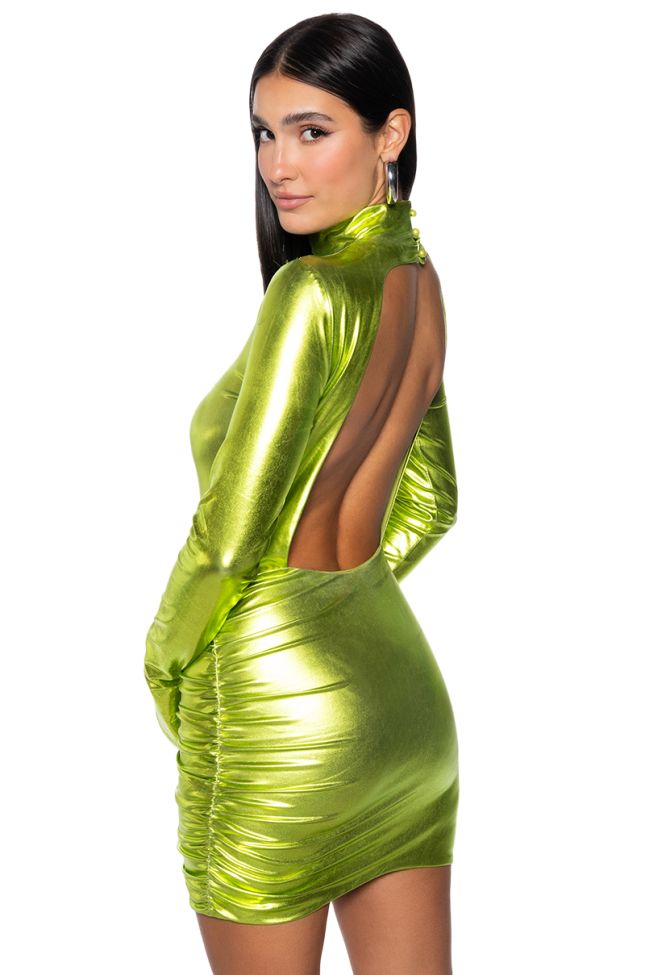 Back View It Girl Metallic Mini Dress In Green