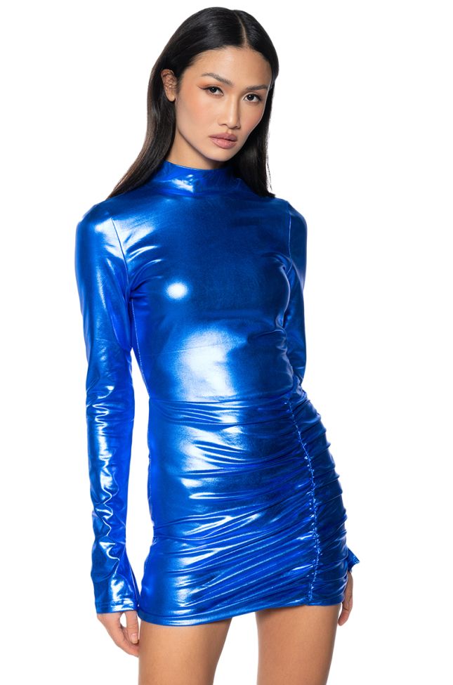 Front View It Girl Metallic Mini Dress In Royal Blue