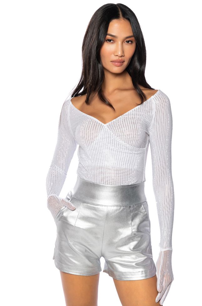 Front View Katarina Embellished Mesh Wrap Front Glove Blouse In White