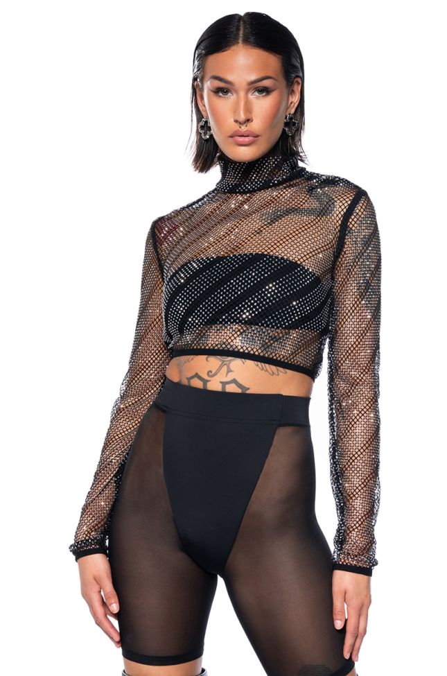 Front View Keep Me Bodied Embellished High Neck Crop Top In Black Multi