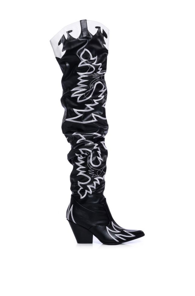 Side View Kelsey Over The Knee Western Boot In Black White