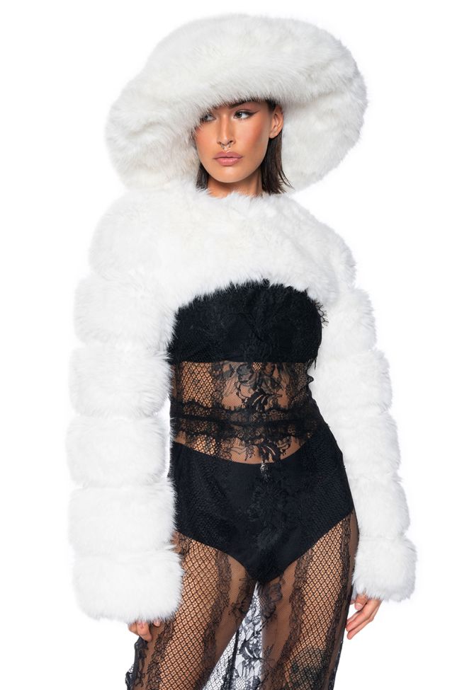 Front View Ladies Night Ultra Crop Faux Fur Jacket In White