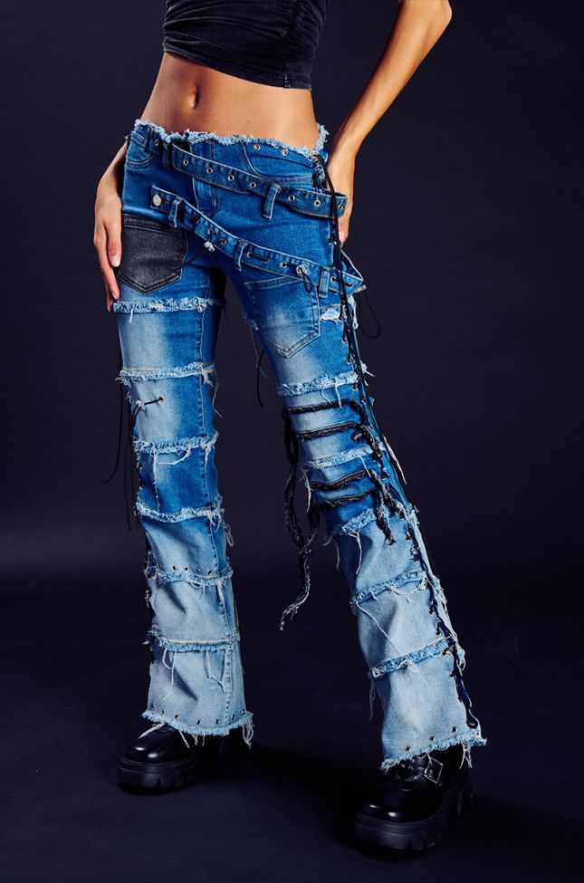 Front View Lay Low Distressed Denim Flare Pant