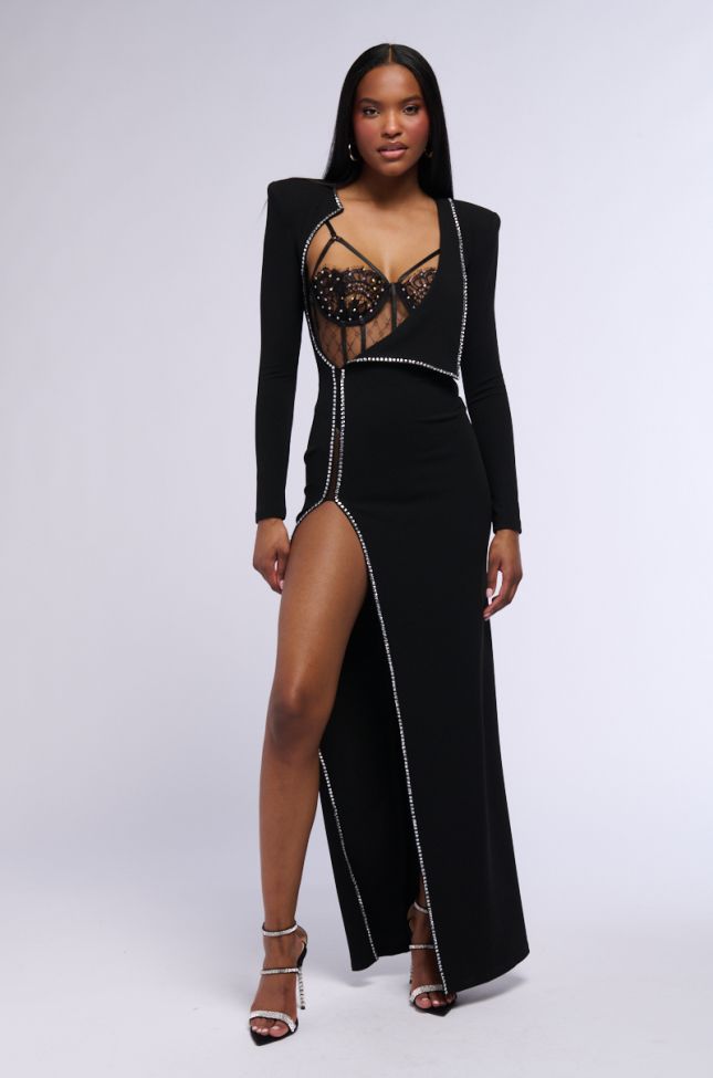 Side View Leader Of The Pack Long Sleeve High Slit Gown