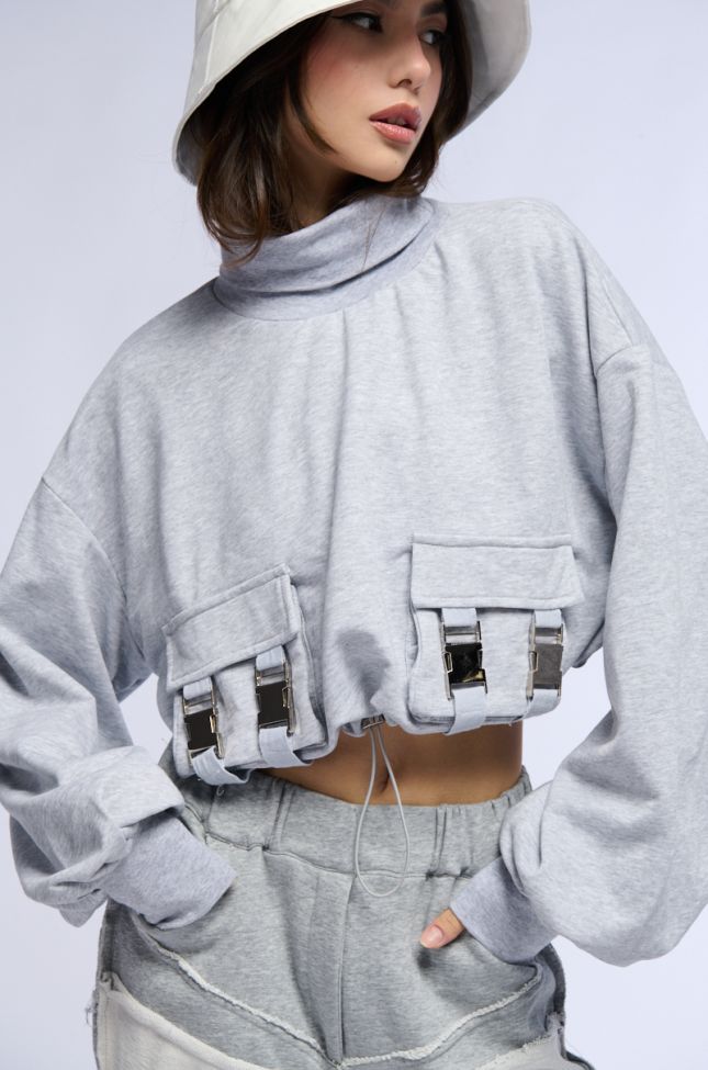 Front View Leni Cargo Pocket Mock Neck Sweatshirt