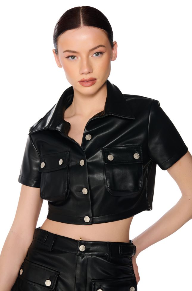 Front View Limited Edition Faux Leather Button Down Shirt