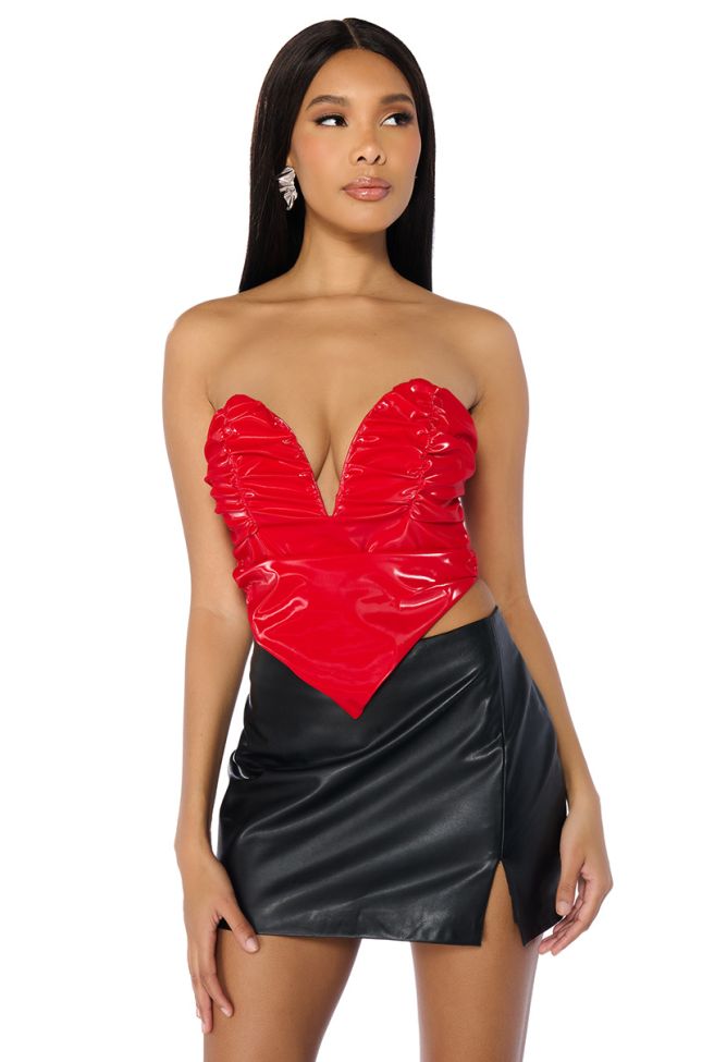 Front View London Lights Ruched Faux Leather Sweetheart Neckline Corset In Red