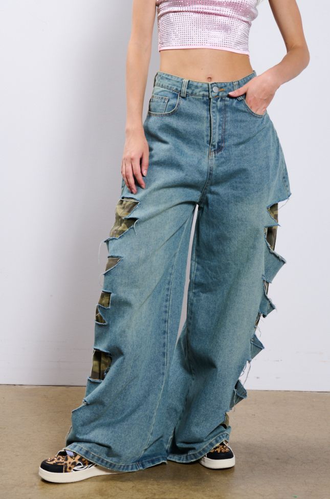 Front View Magdalena Oversized Distressed Camo Denim Pant