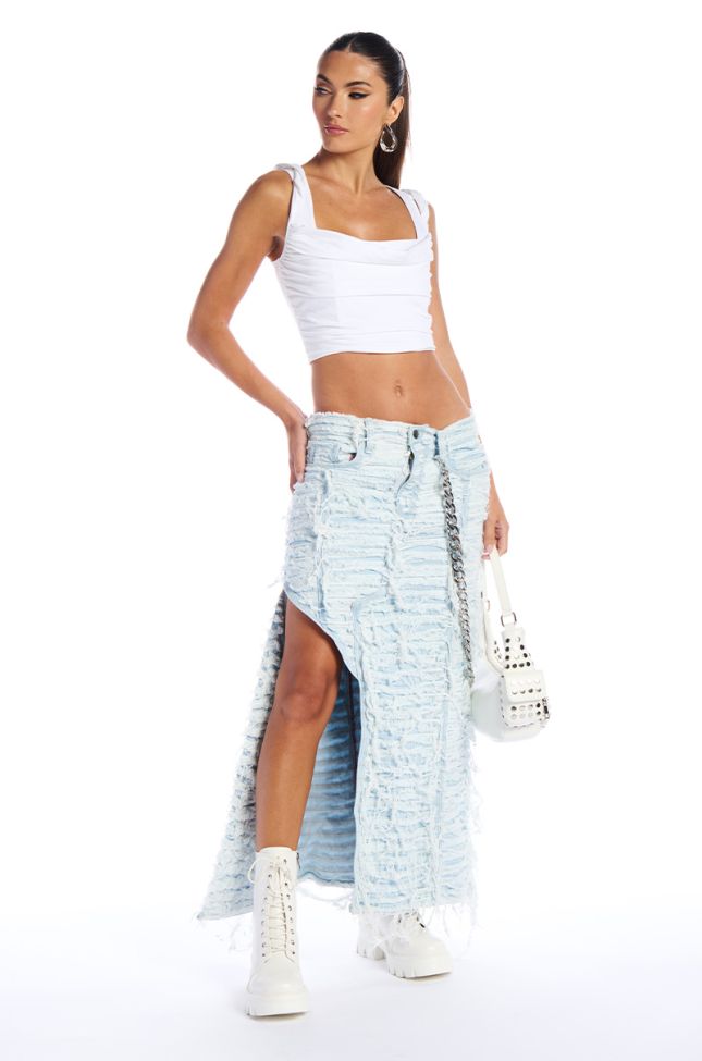 Extra View Mess With Me Super Distressed Maxi Denim Skirt
