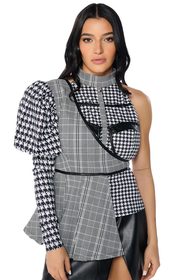 Front View Mixed Up Houndstooth Plaid Single Sleeve Top