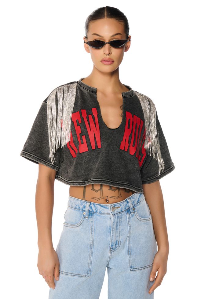 Front View New Rules Cropped Rhinestone Fringe Top