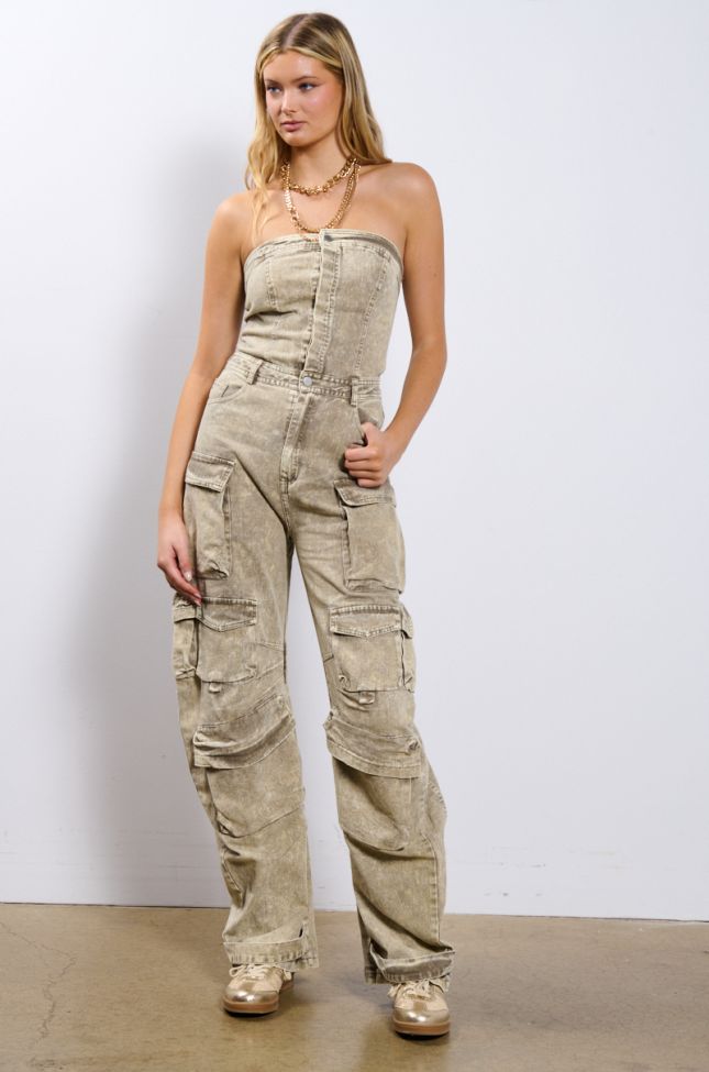 Front View No One Like Me Cargo Denim Jumpsuit