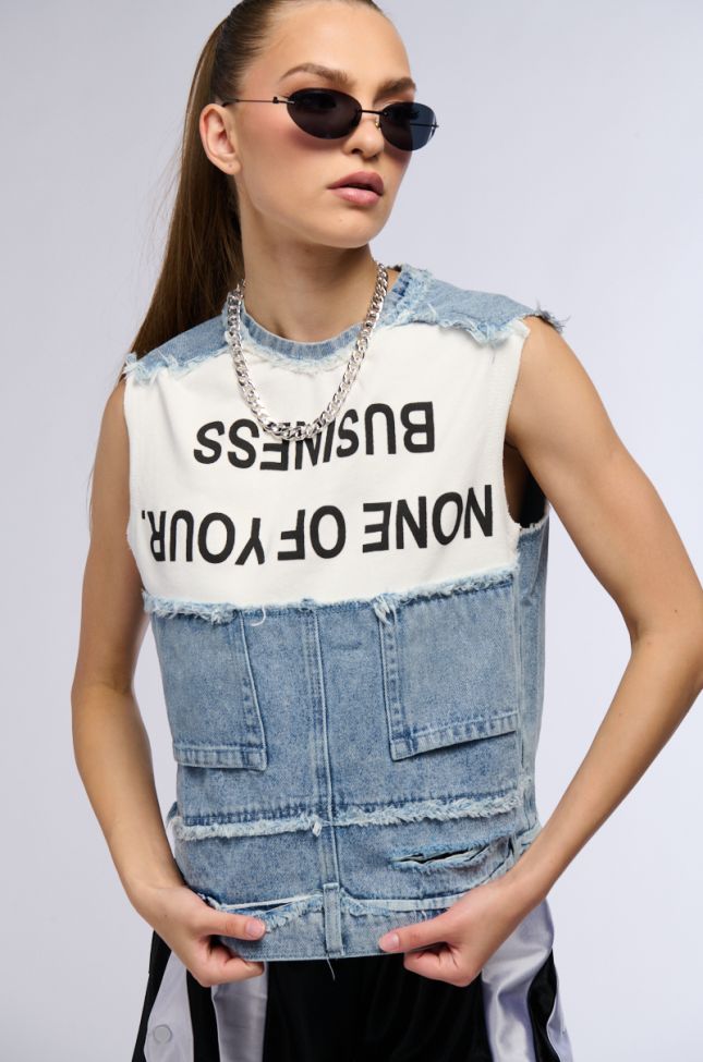 Front View None Of Your Business Sleeveless Distressed Denim Top