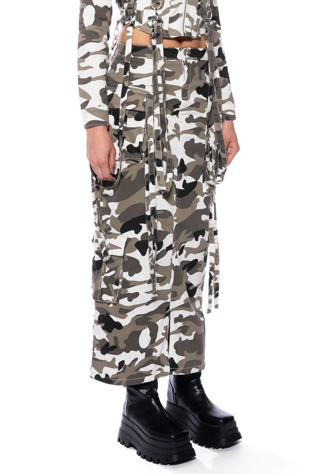 Front View Not About It Camo Cargo Maxi Skirt