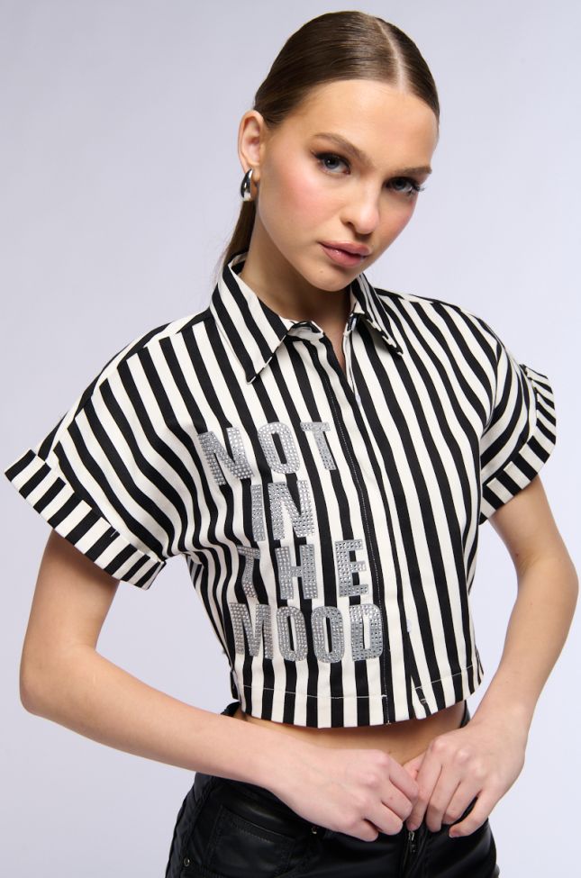 Extra View Not In The Mood Striped Button Down Crop Blouse