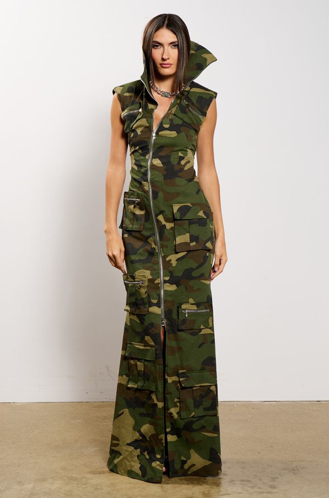 Front View Now You See Me Camo Print Maxi Dress