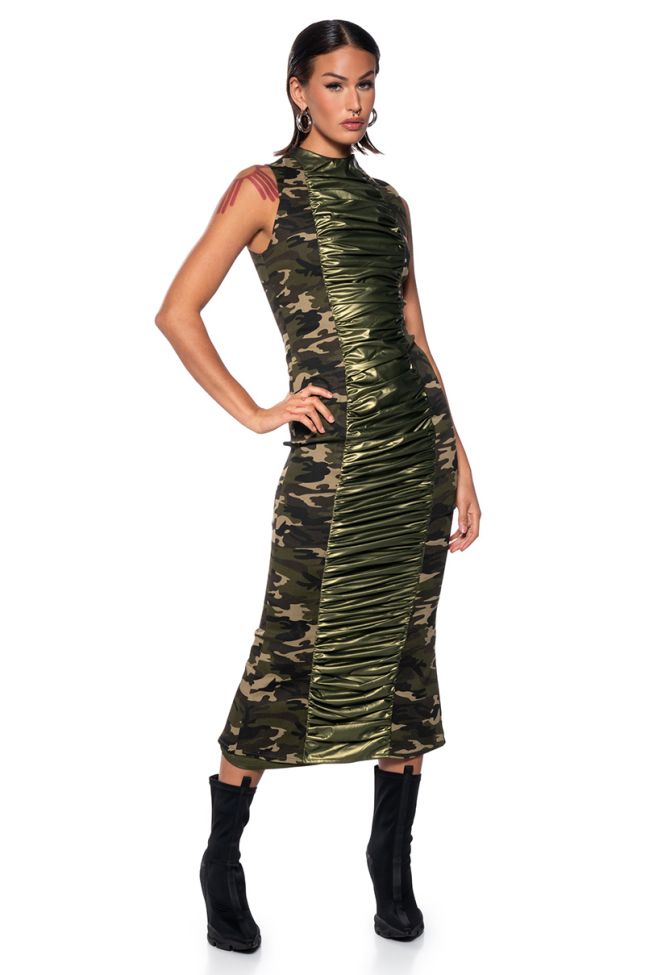 Front View Now You See Me Ruched Camo Midi Dress