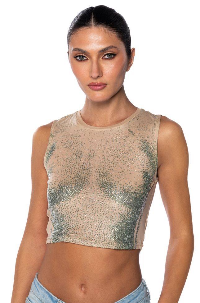Front View Out Of This Galaxy Rhinestone Mesh Top