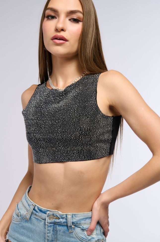Front View Out Of This World Rhinestone Cut Off Cropped Tank In Black